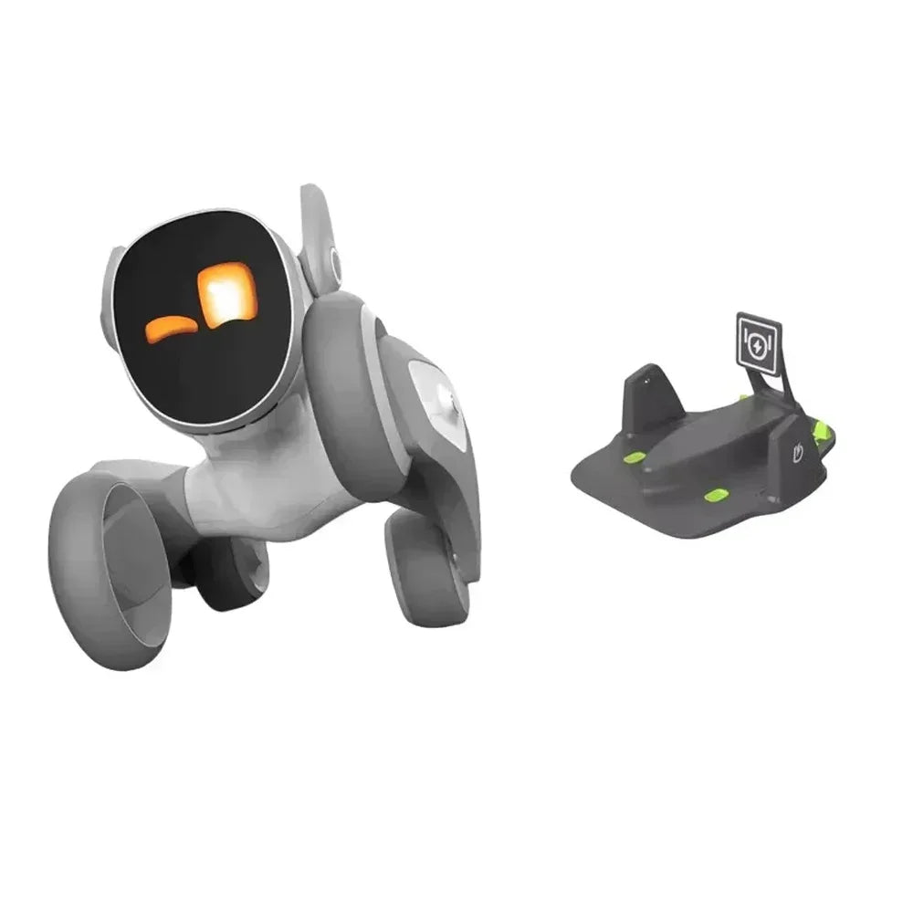 Gray robot toy with digital face and charging station.
