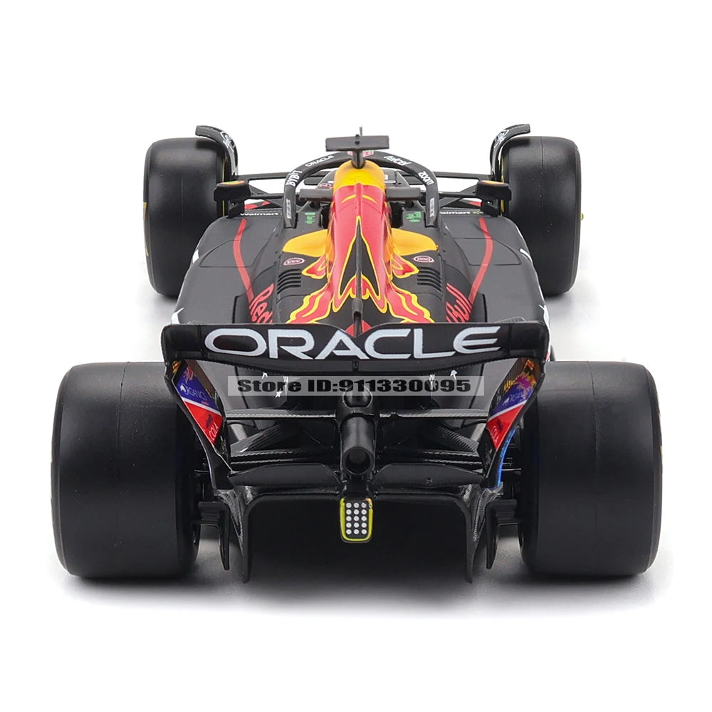 Oracle Red Bull Racing Formula 1 car, rear view. Black, red, and yellow livery.
