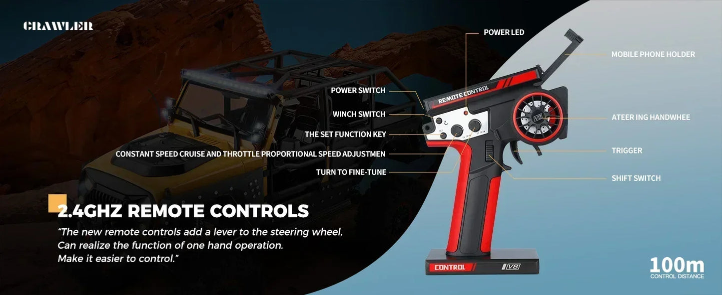 Crawler RC car with 2.4GHz remote control featuring mobile phone holder, trigger, and shift switch.