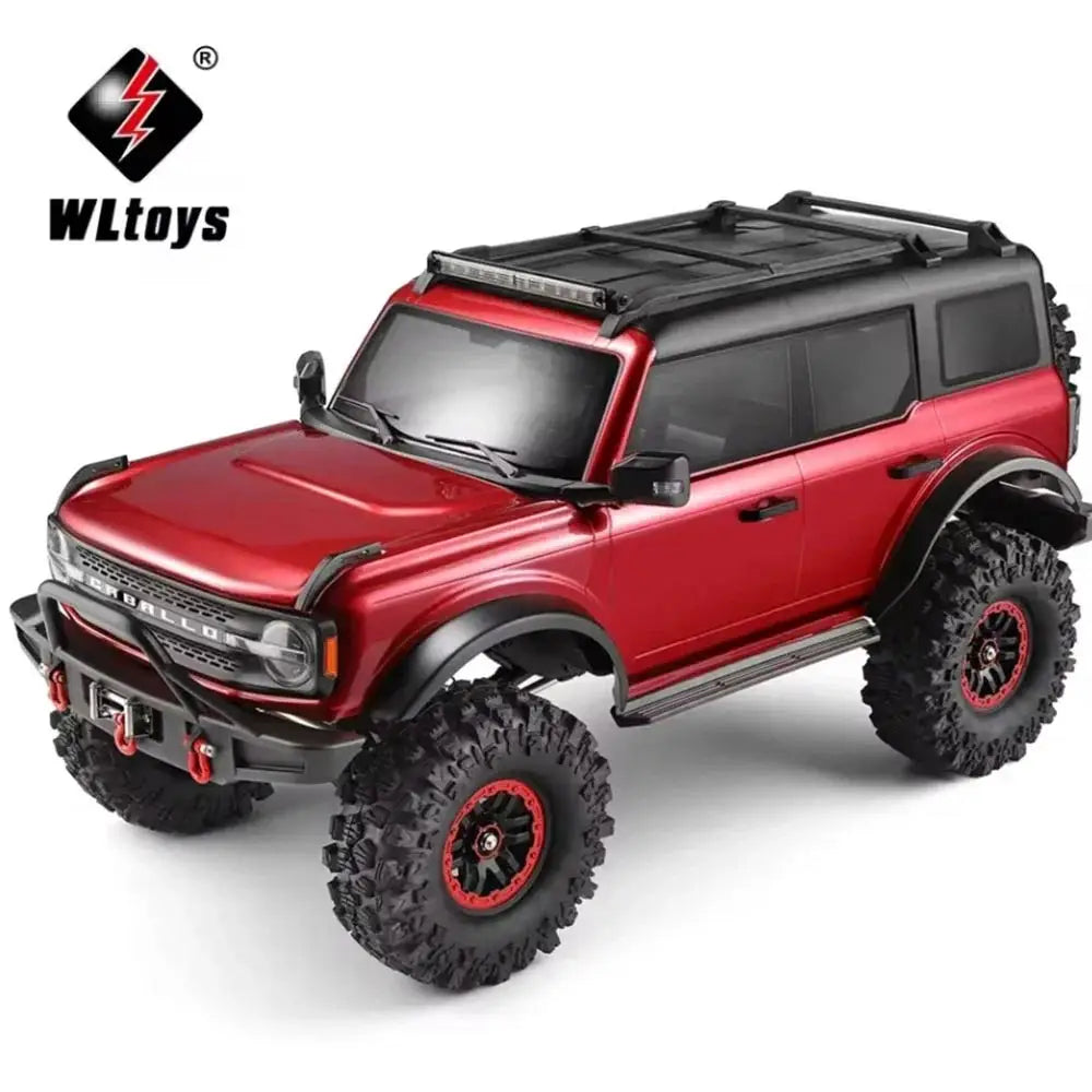 Red WLtoys Ford Bronco RC crawler with roof rack, off-road tires, and front winch.