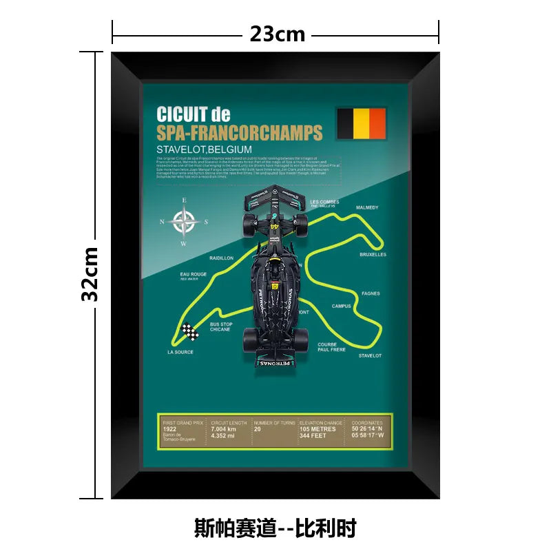 Spa-Francorchamps circuit poster with track map, stats, and a Formula 1 car, black frame.