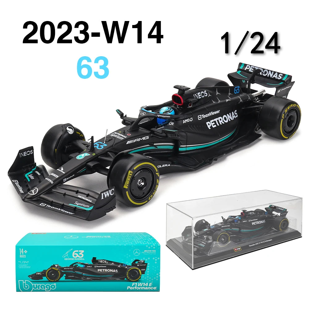Burago 1/24 scale 2023 Mercedes-AMG F1 W14 E Performance #63 George Russell model car with box and display case.