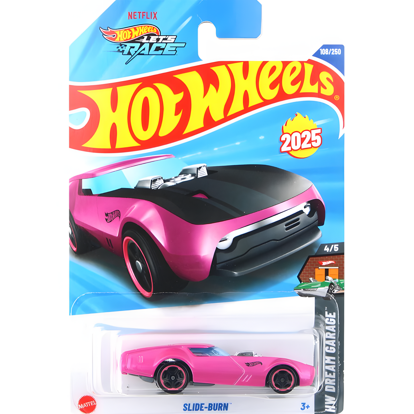 Hot Wheels Slide-Burn die-cast car in packaging. Pink car with black hood, part of the HW Dream Garage series.
