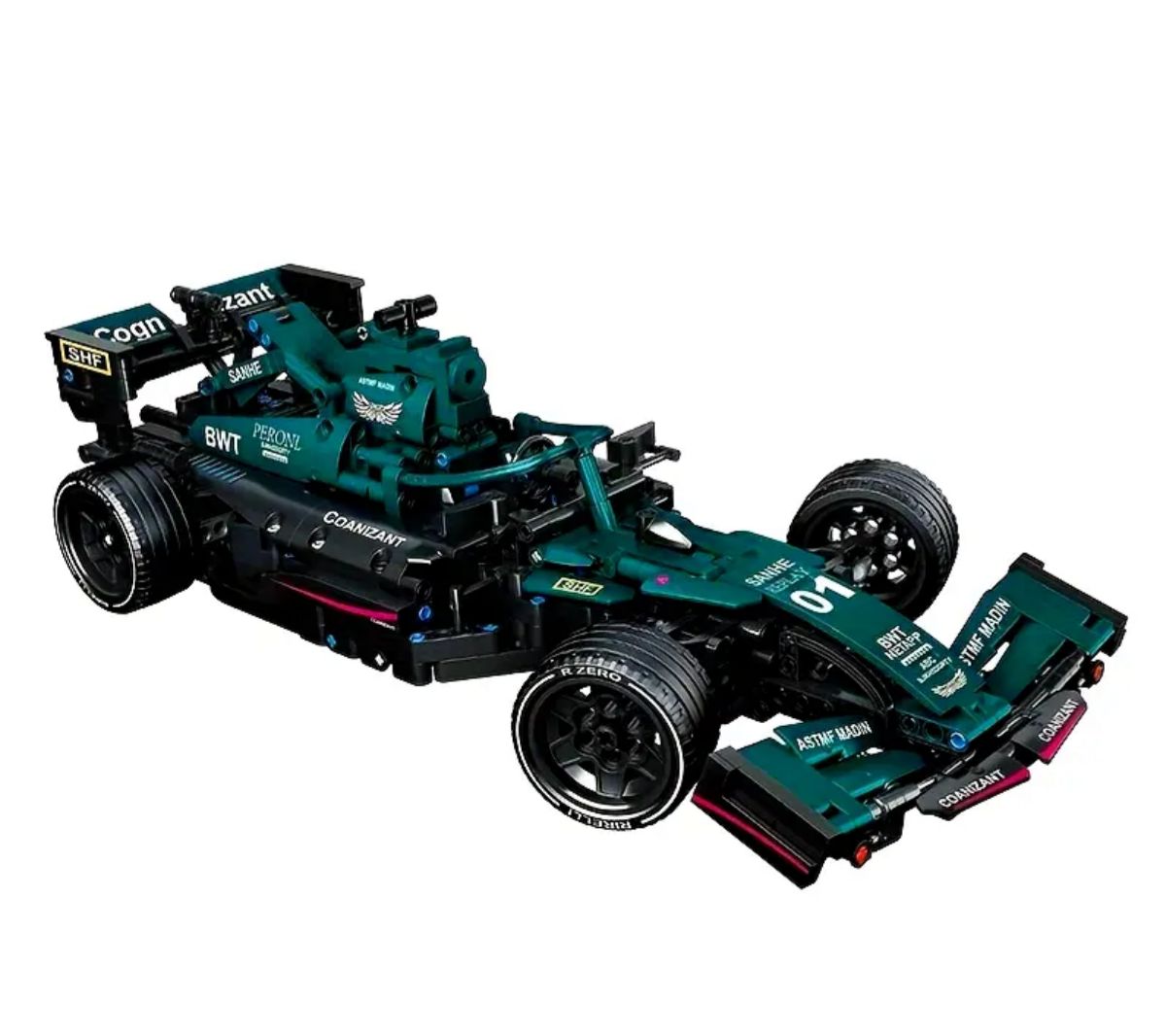 Green and black model race car with visible logos and branding, displaying race number 01.