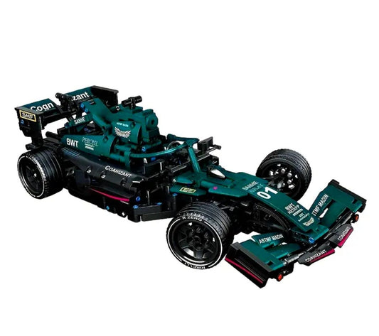 Green and black model race car with visible logos and branding, displaying race number 01.