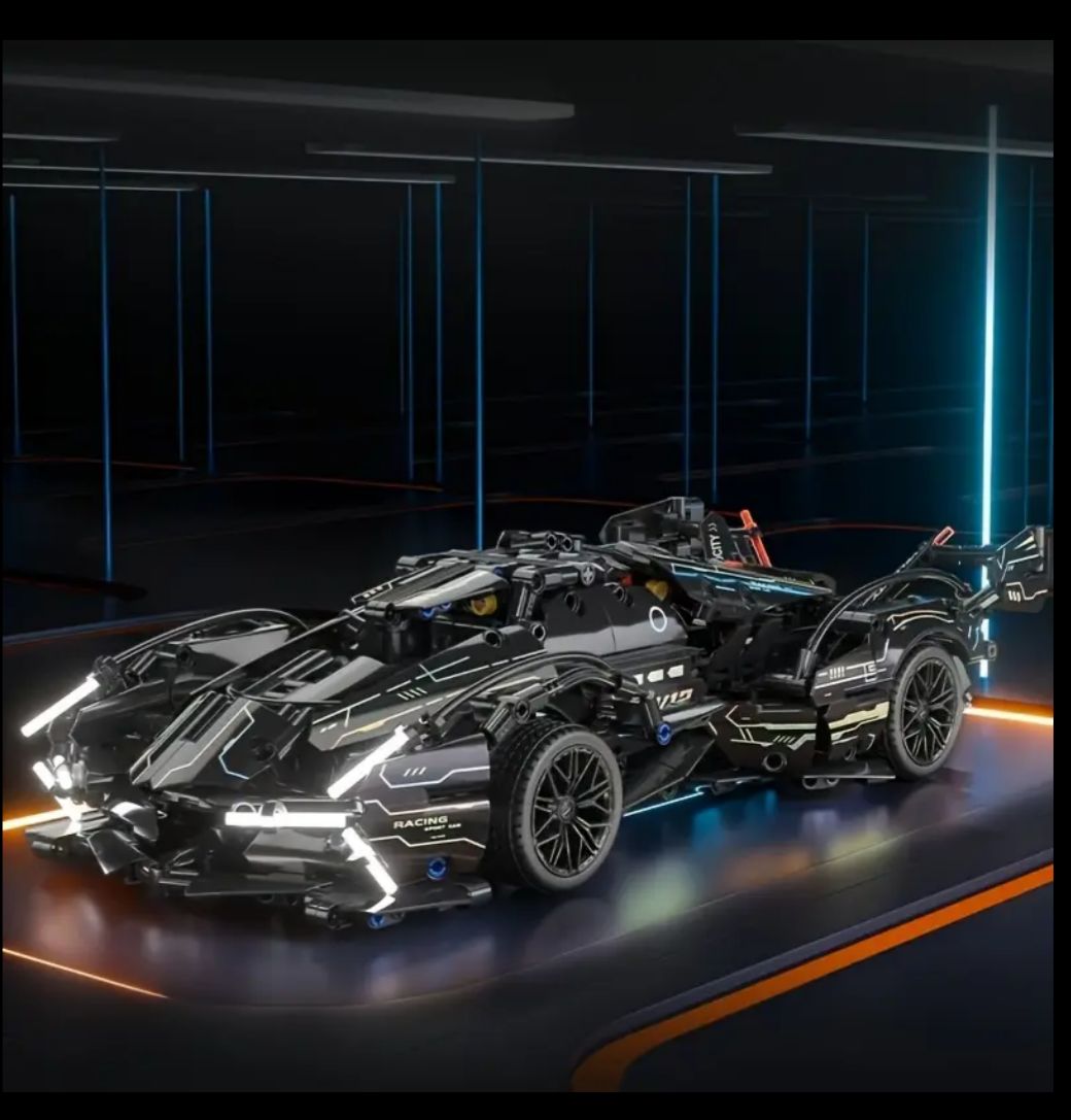 Black racing car building block model with intricate details.
