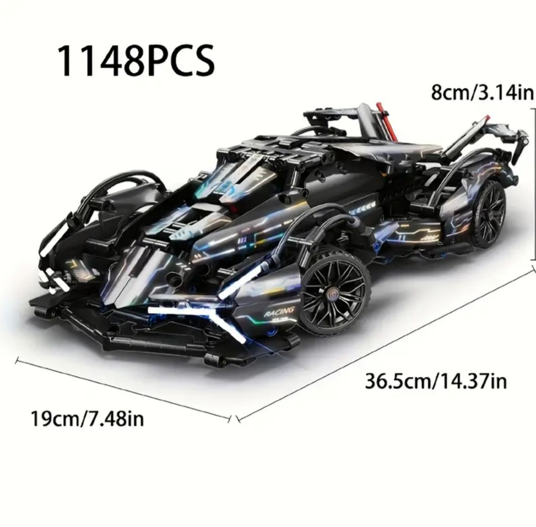 1148-piece black racing car toy model with detailed dimensions, showcasing its sleek design and construction.