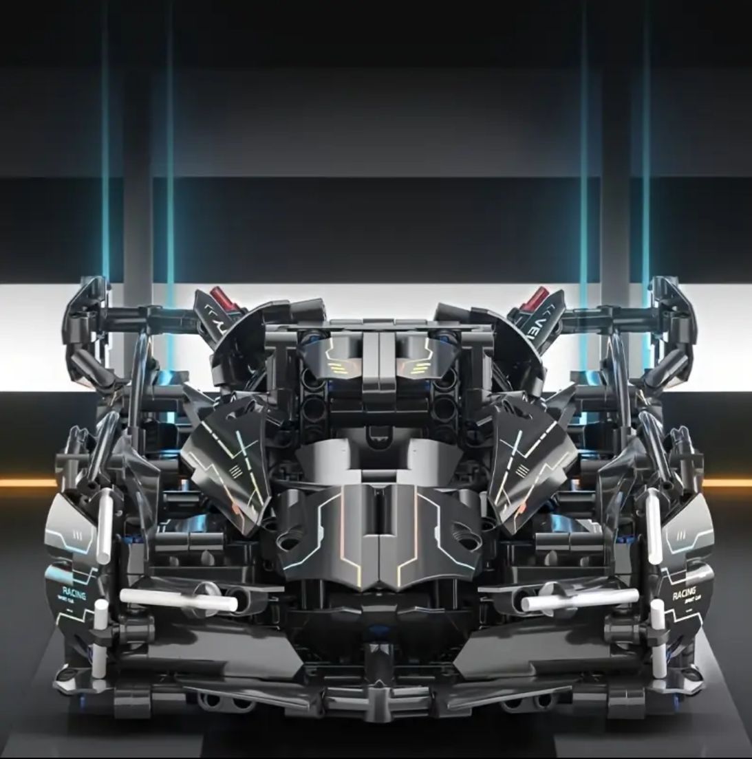 Front view of a black racing car building block model.