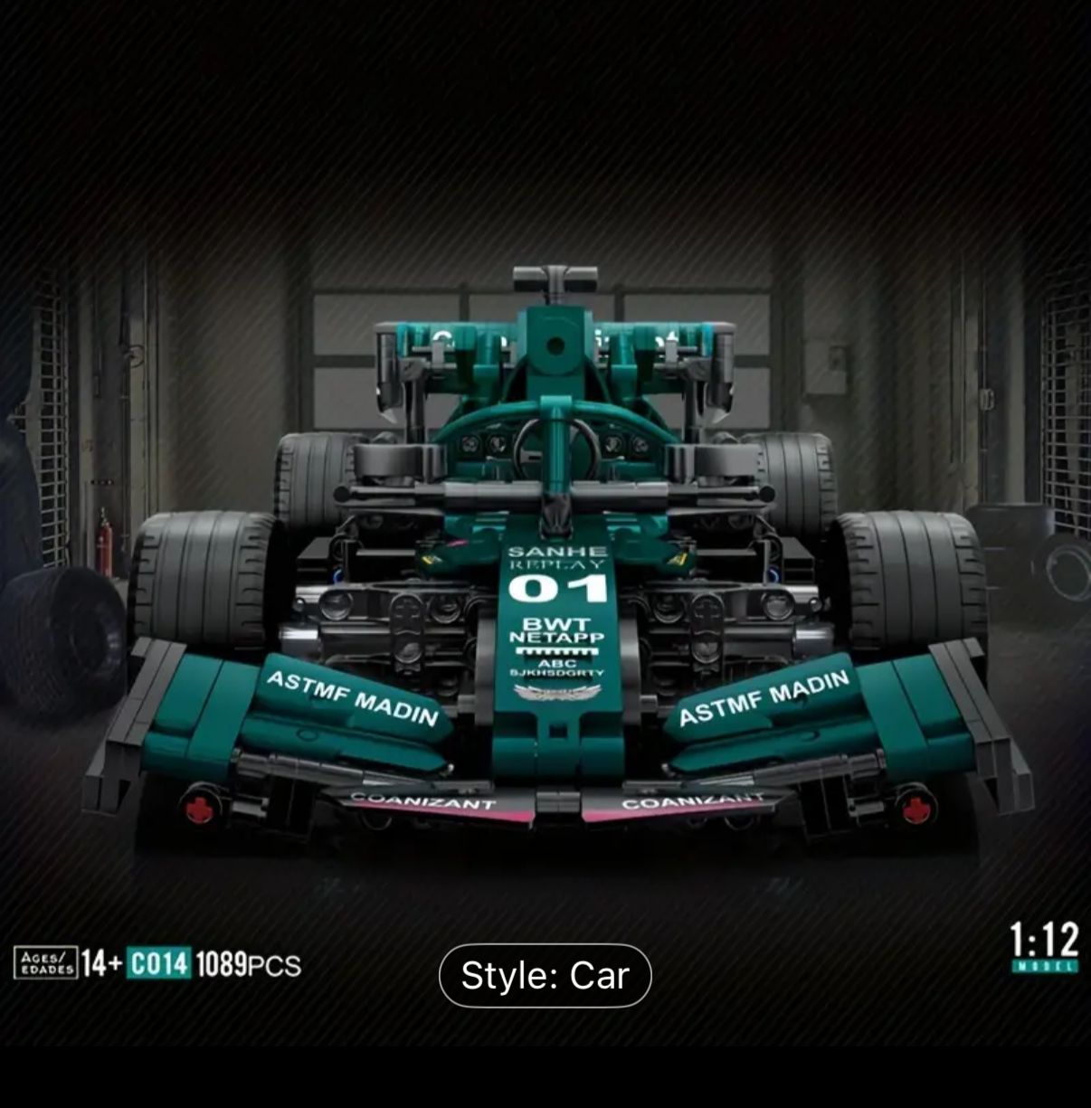 Green Formula 1 race car model with sponsor logos. Scale 1:12, 1089 pieces, ages 14+.