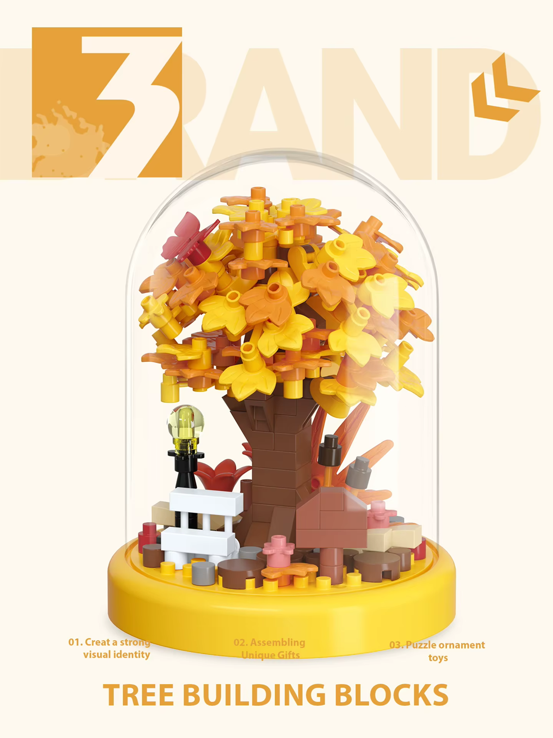 Autumn Tree building blocks set under a glass dome .