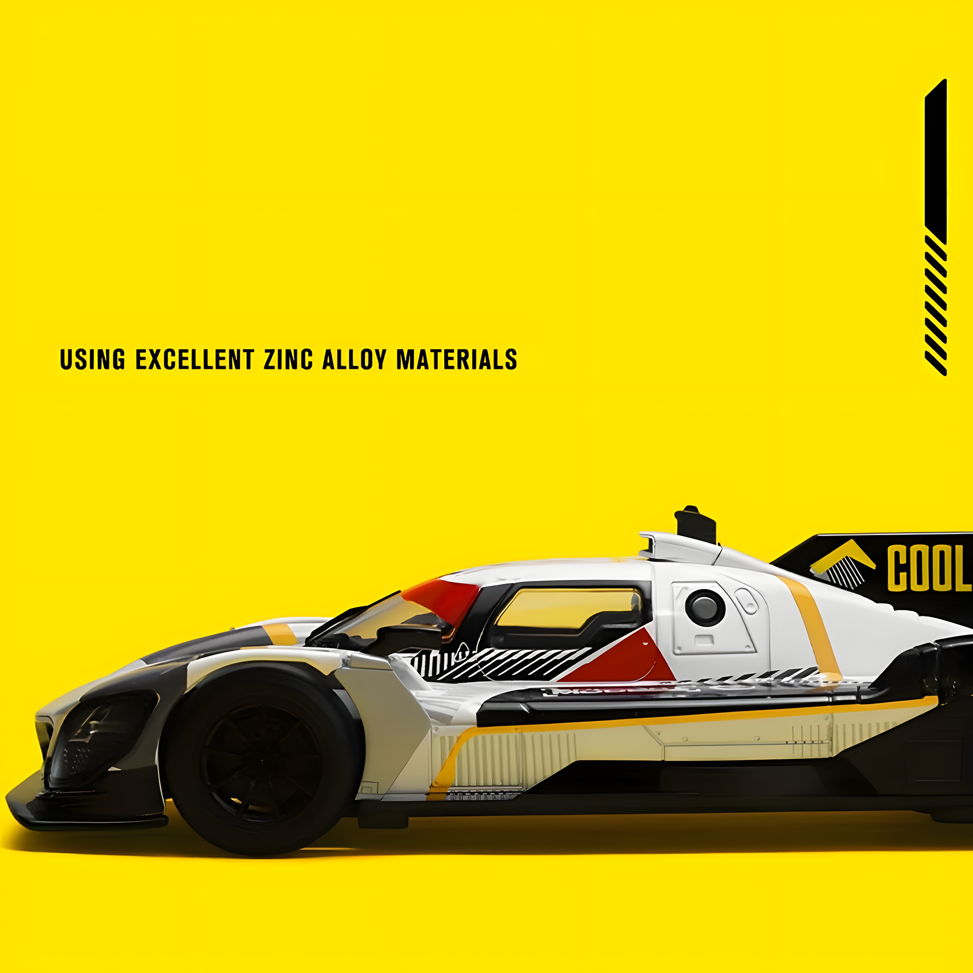 Side view of a white, black, and red toy race car made of zinc alloy materials on a yellow background.