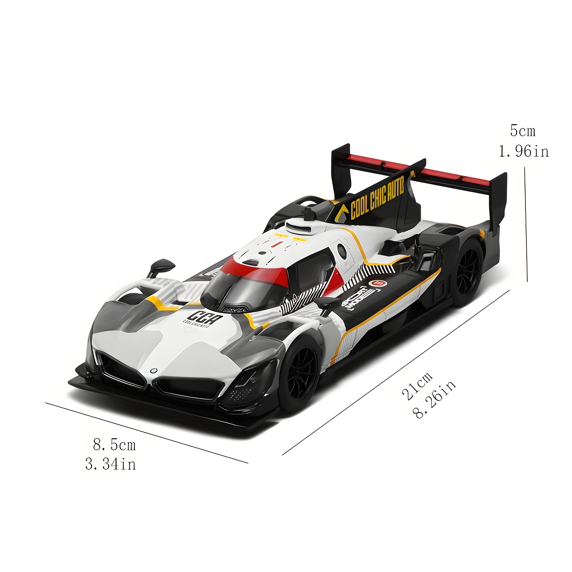 Cool Chic Auto race car toy, white and black with red and yellow accents.