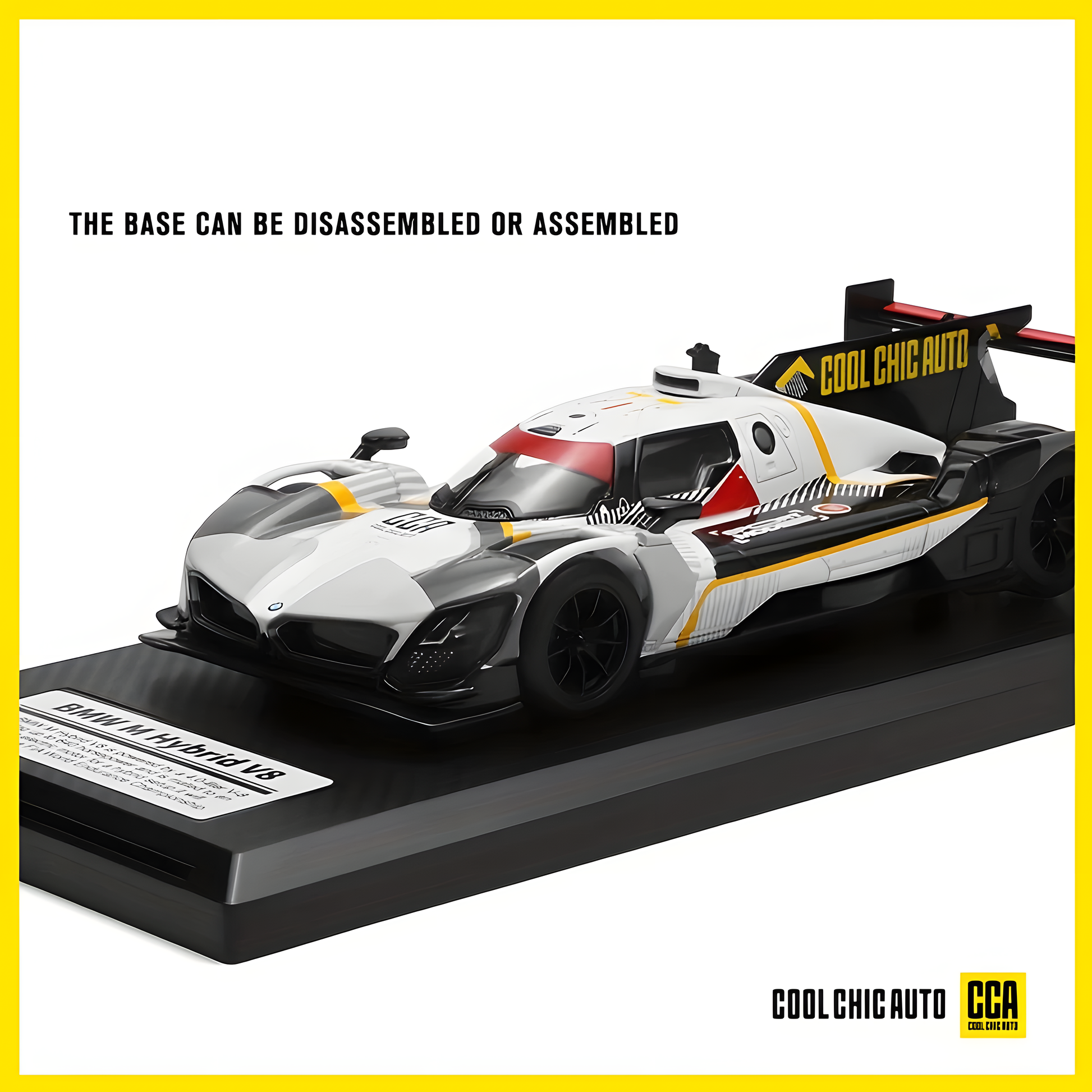 Cool Chic Auto BMW M Hybrid V8 model car on a display base.