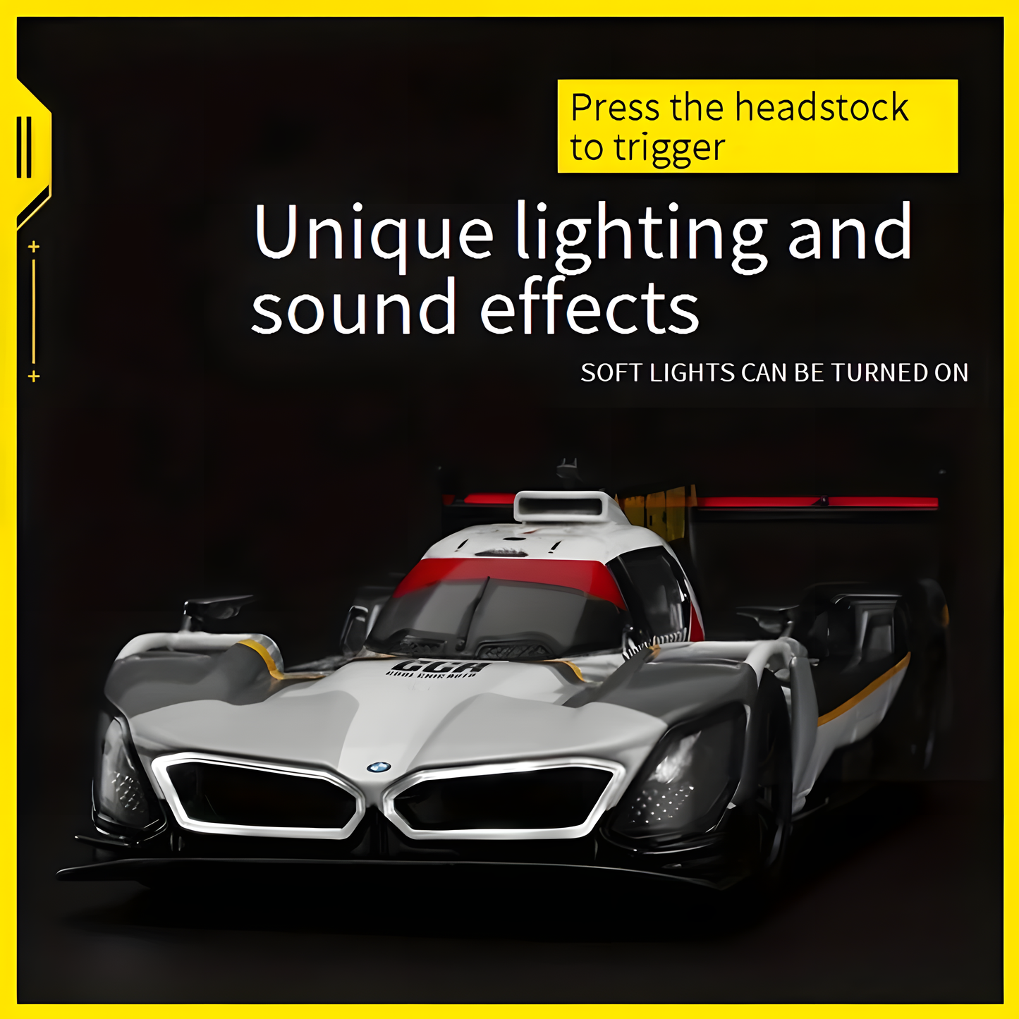 Silver and white toy race car with lighting and sound effects. Press headstock to trigger lights. GGA Auto.