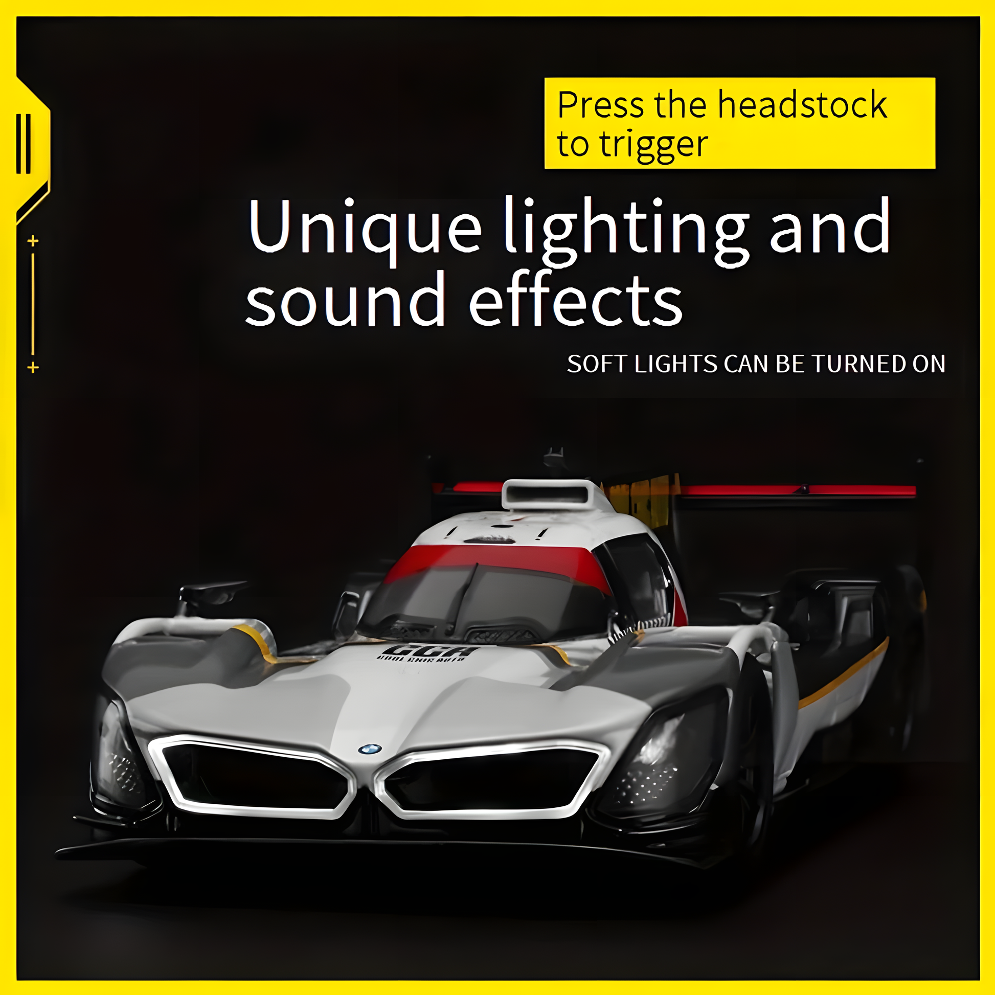 Silver and white toy race car with lighting and sound effects. Press headstock to trigger lights. GGA Auto.