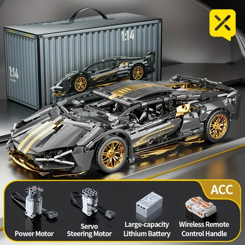 Assembled black & gold sports car building block model, 1:14 scale, with included accessories: power motor, steering motor, battery, and remote.