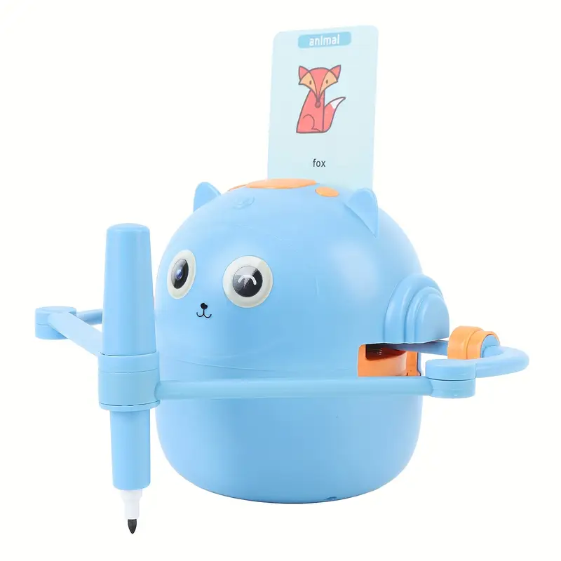 Blue cat-shaped drawing robot with pen and animal card featuring a fox illustration.