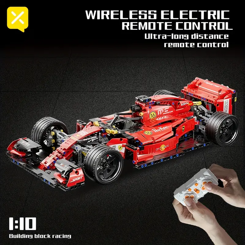 Red 1:10 scale building block race car with wireless remote control.