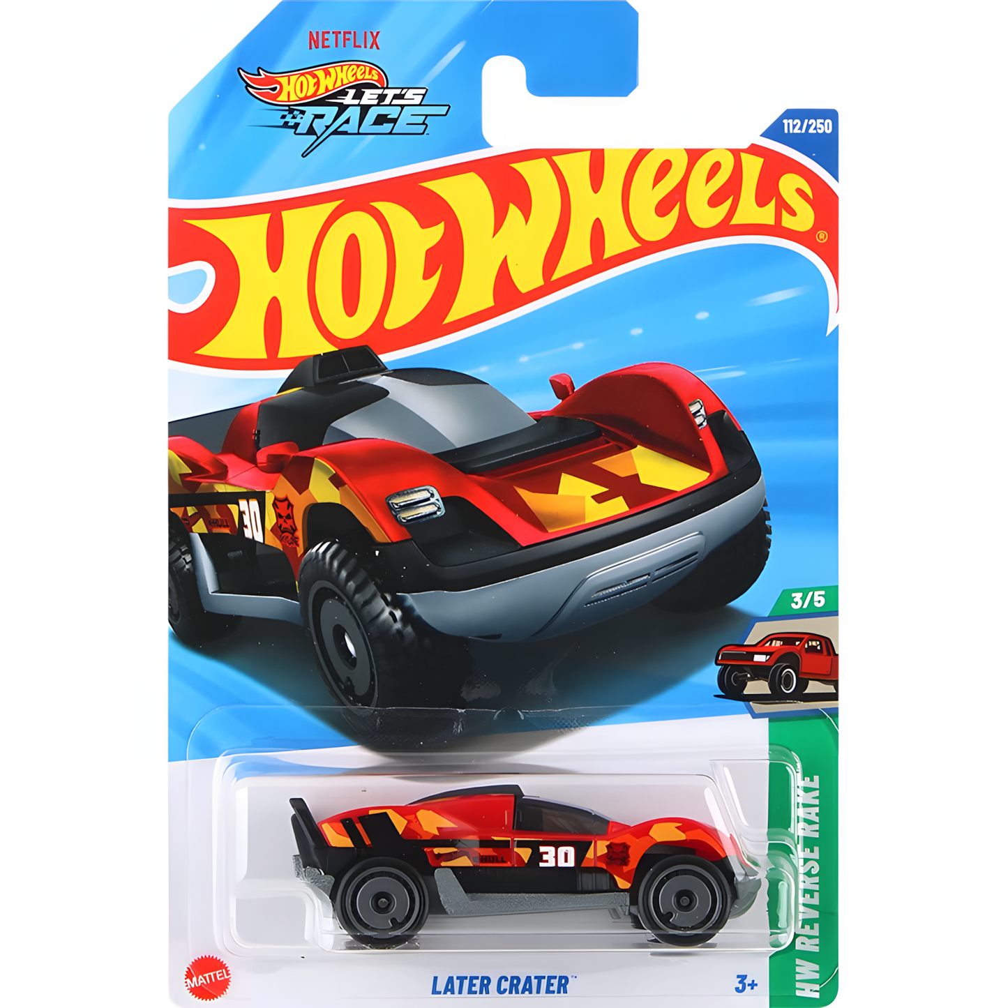 Hot Wheels Later Crater die-cast car in packaging, part of the Netflix Let's Race series. Red, black, and orange color scheme with number 30.