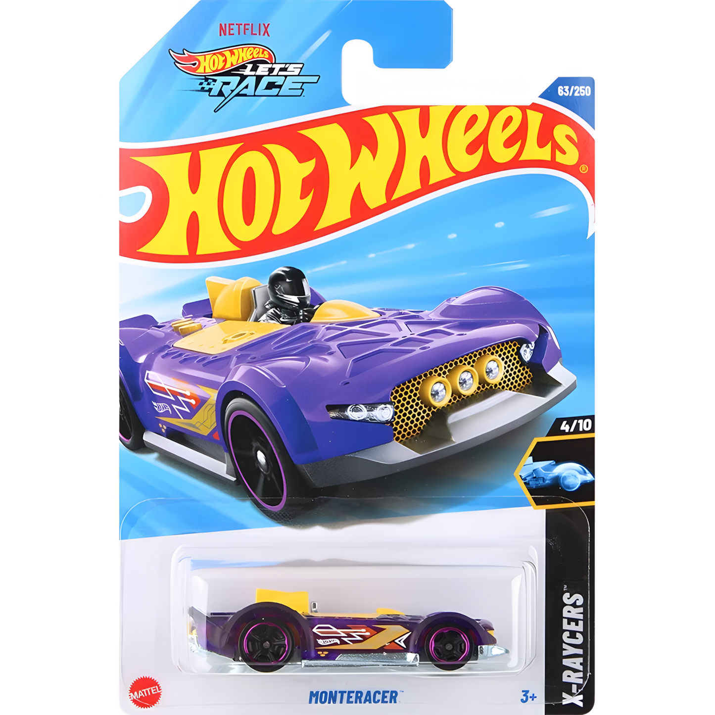 Hot Wheels Monteracer, a purple and yellow die-cast toy car in its original packaging from the X-Raycers series.