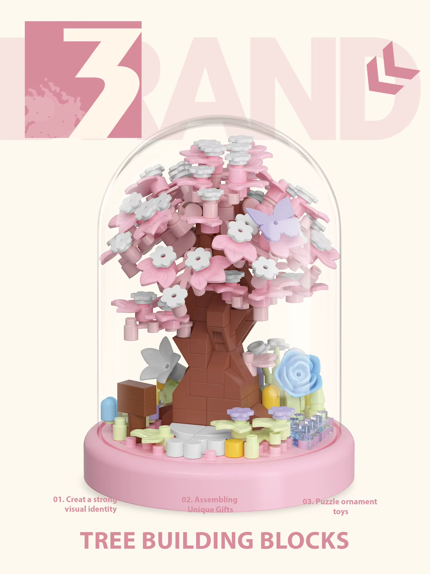 Tree building blocks set with cherry blossom tree and flowers, Ziland brand visible