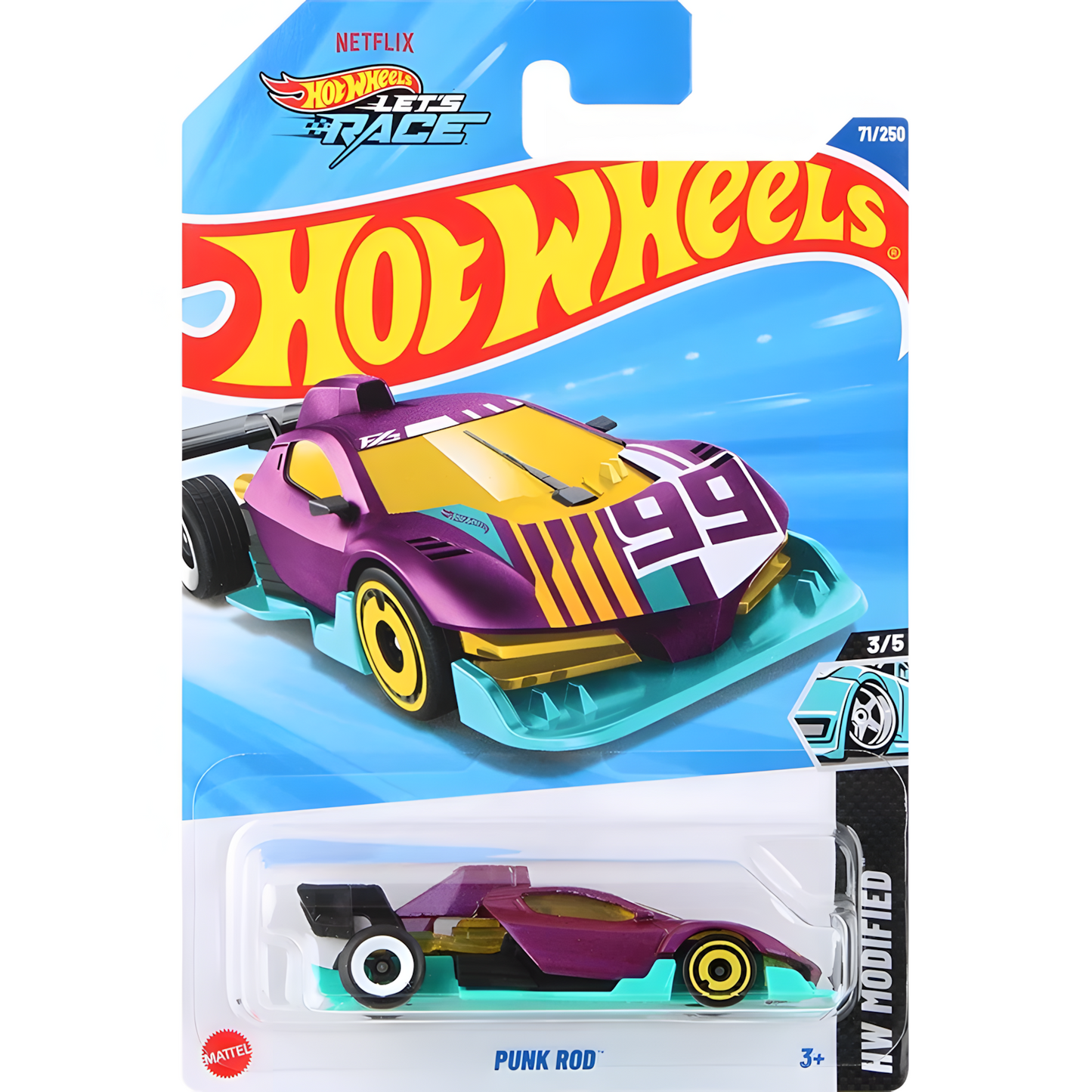 Hot Wheels Punk Rod die-cast car in packaging. Purple and gold #99 race car.